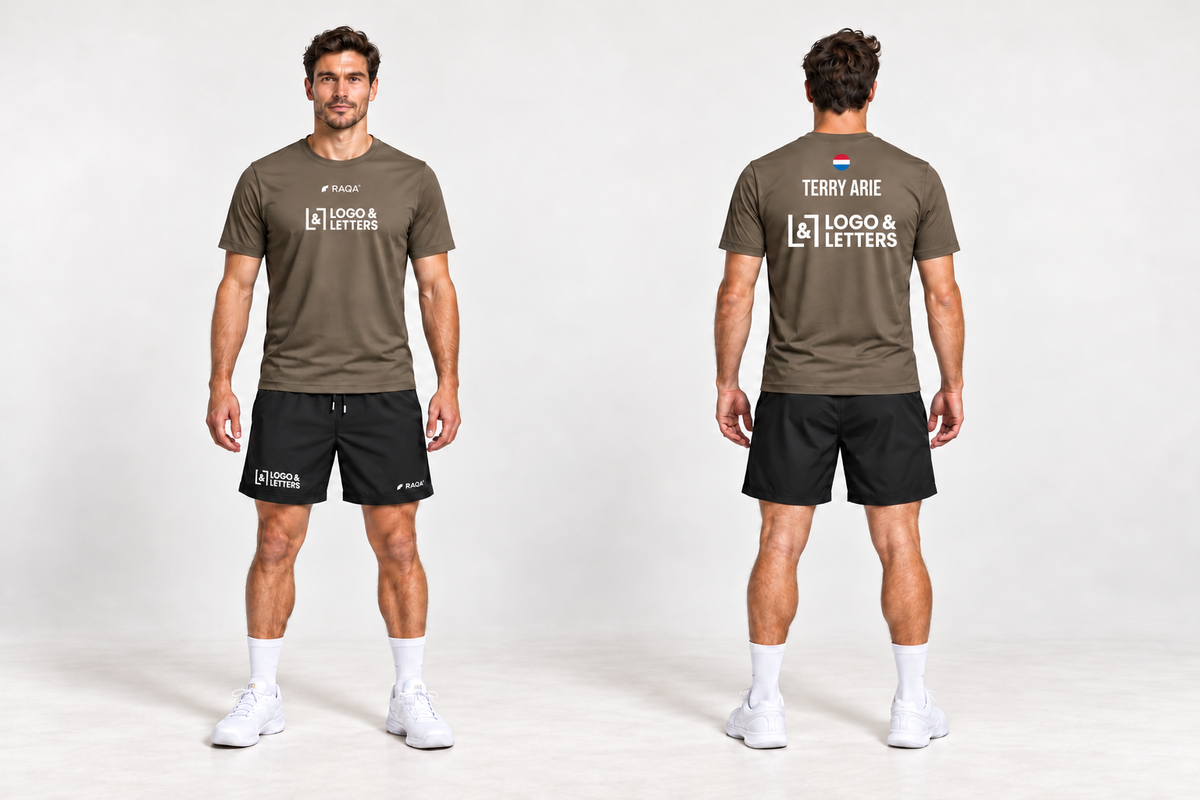 Sportshirt met logo op de voorkant en naam en logo op de achterkant