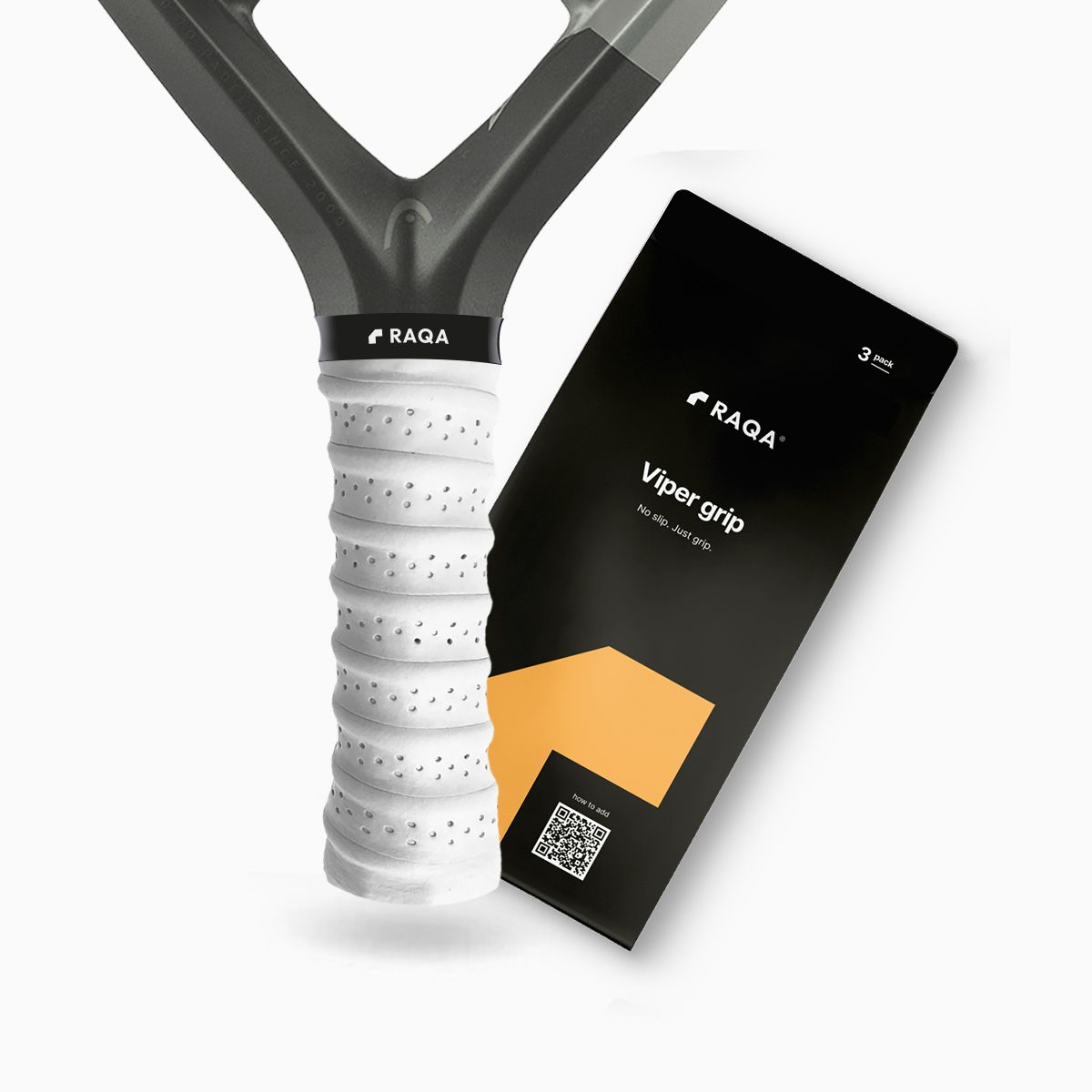 Padelracket met de witte Raqa Viper grip naast de verpakking