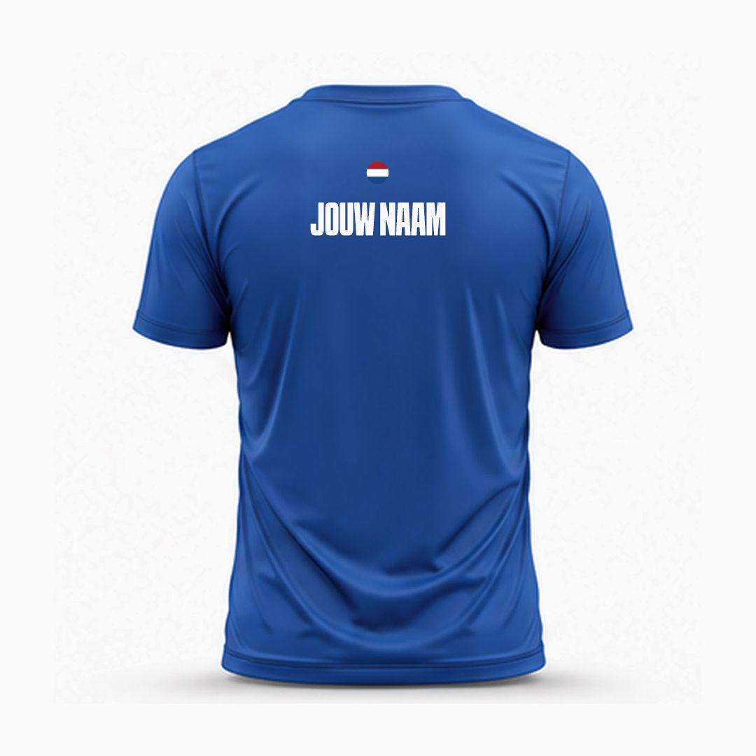 sportshit met eigen naam en vlag - blauw